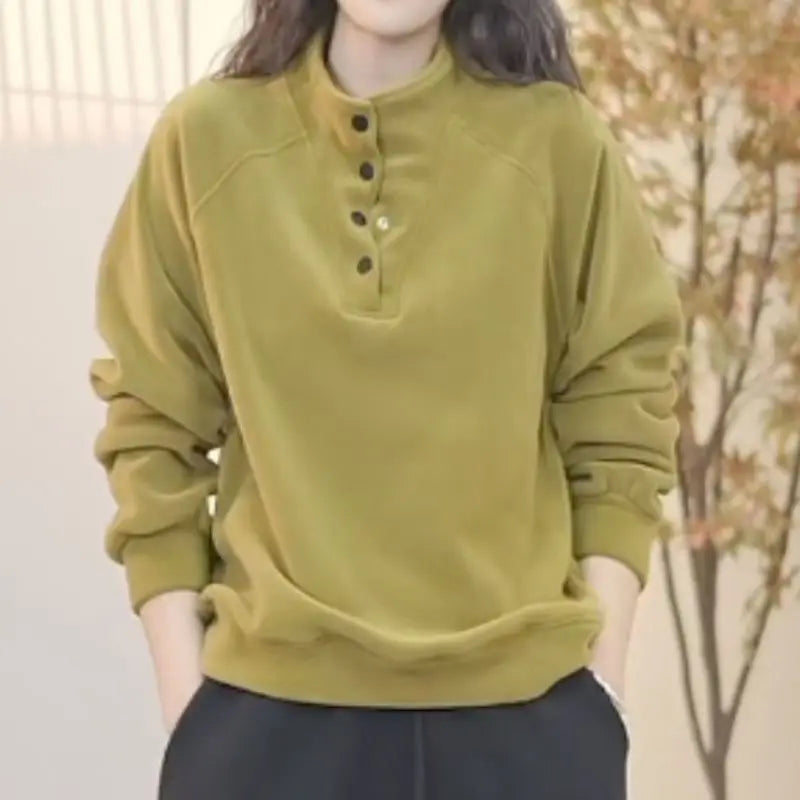 No Hat Hoodies Women Autumn College Basic Solid Casual All-match Stand Collar Button Trendy High Street Korean Style Mujer Cozy