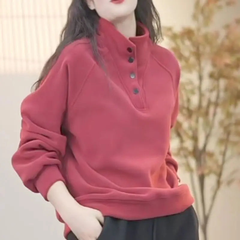 No Hat Hoodies Women Autumn College Basic Solid Casual All-match Stand Collar Button Trendy High Street Korean Style Mujer Cozy