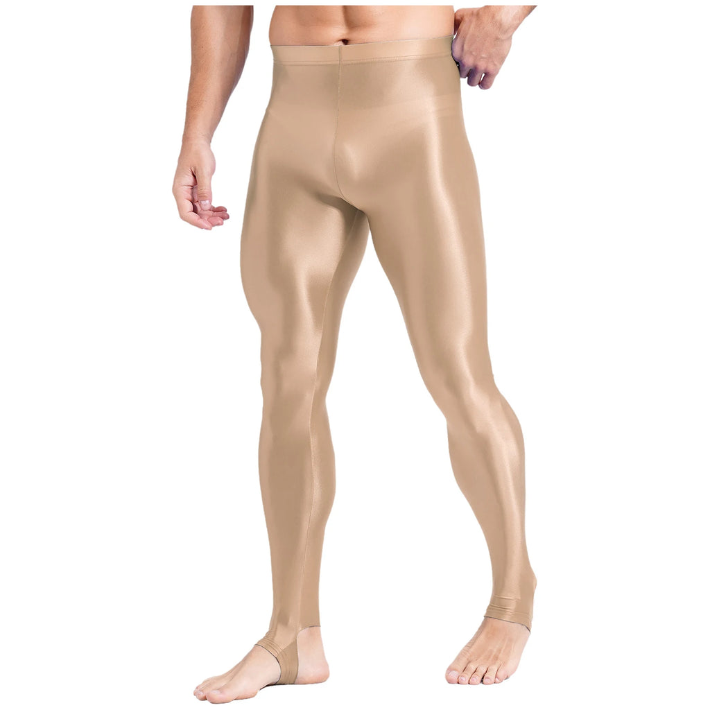 Mens Glossy Sports Pants Stirrup Leggings High Waist Elastic Waist Tights Gym Workout Pants Tummy Control Yoga Fitness Pants