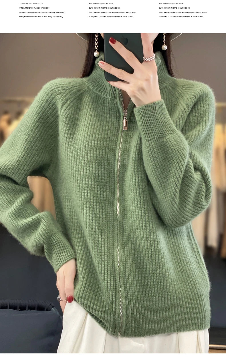 100% Pure Wool Zipper Cardigan Padded Shoulder Stand Collar Women's Cashmere Knitted Coat New Lapel Sweater
