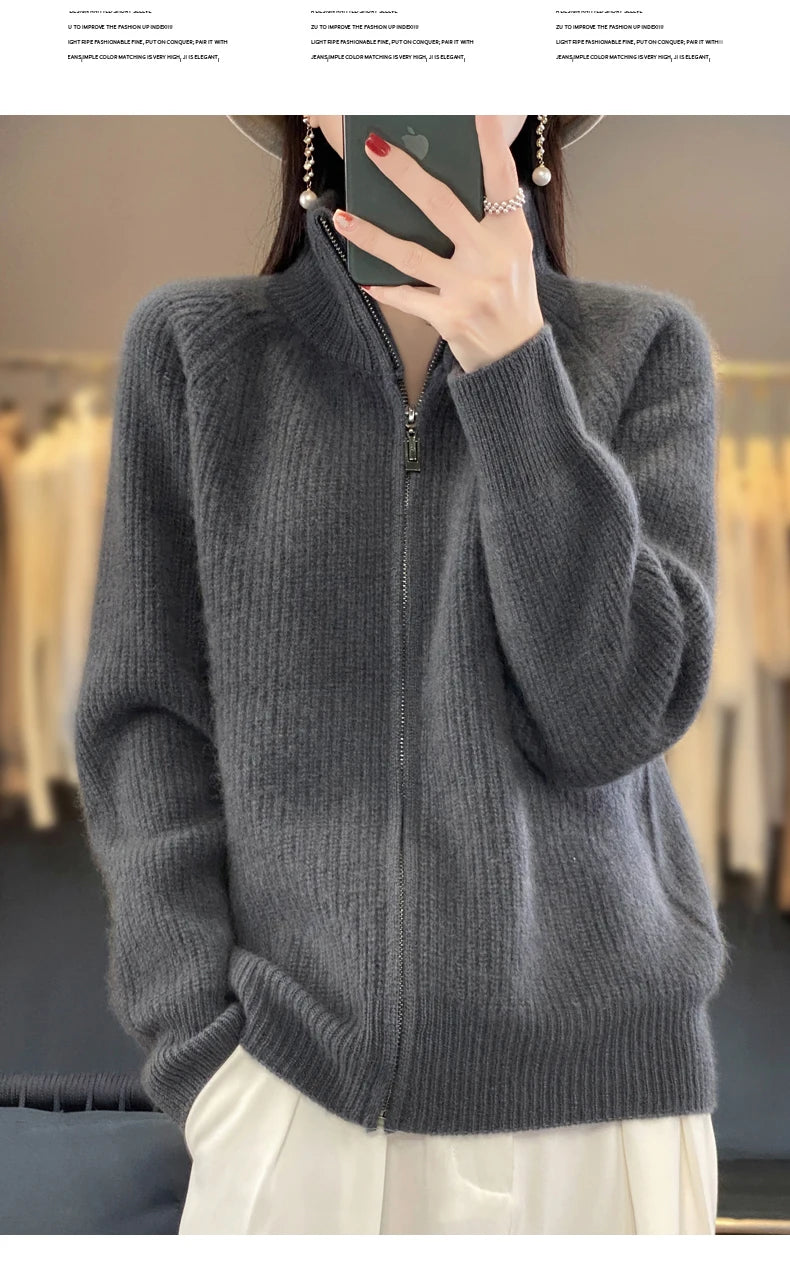 100% Pure Wool Zipper Cardigan Padded Shoulder Stand Collar Women's Cashmere Knitted Coat New Lapel Sweater