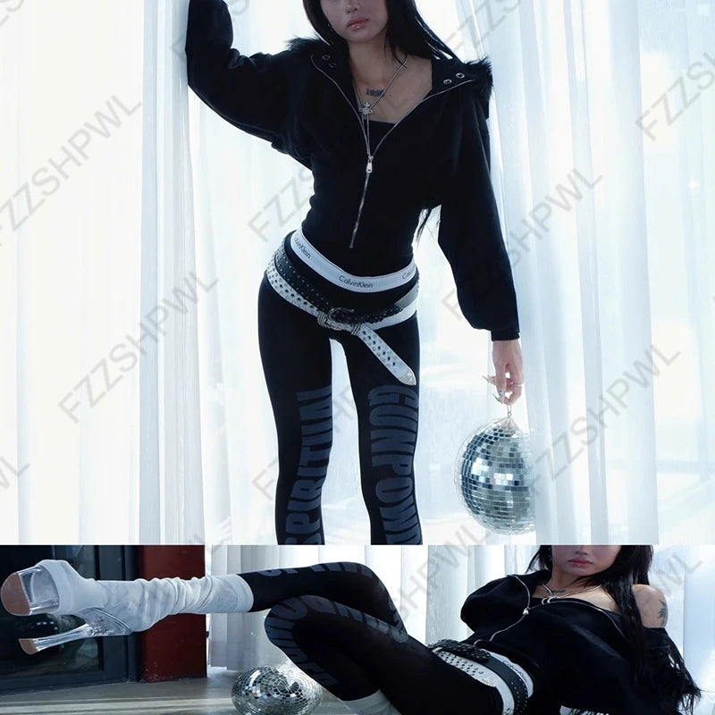 Y2K Aesthetic Women's Autumn Winter Fur Collar Sweatshirt Harajuku Gothic Punk Rock Hottie Sweatshirt Jacket Emo Girl Streetwear