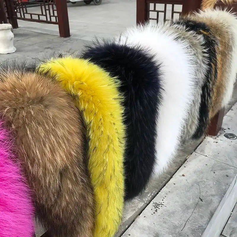 100% Real Fur Collar Luxury Warm Natural Raccoon Fur Scarf Women Genuine Fur Collar Scarves Large Fur Shawl Male Jacket Coat