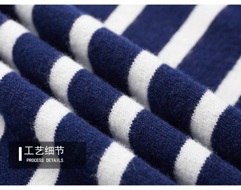 Men's New 100% Pure Wool Sweater O-neck Navy Style Striped Top Spring and Autumn Loose Youth Business Casual Cashmere Sweater