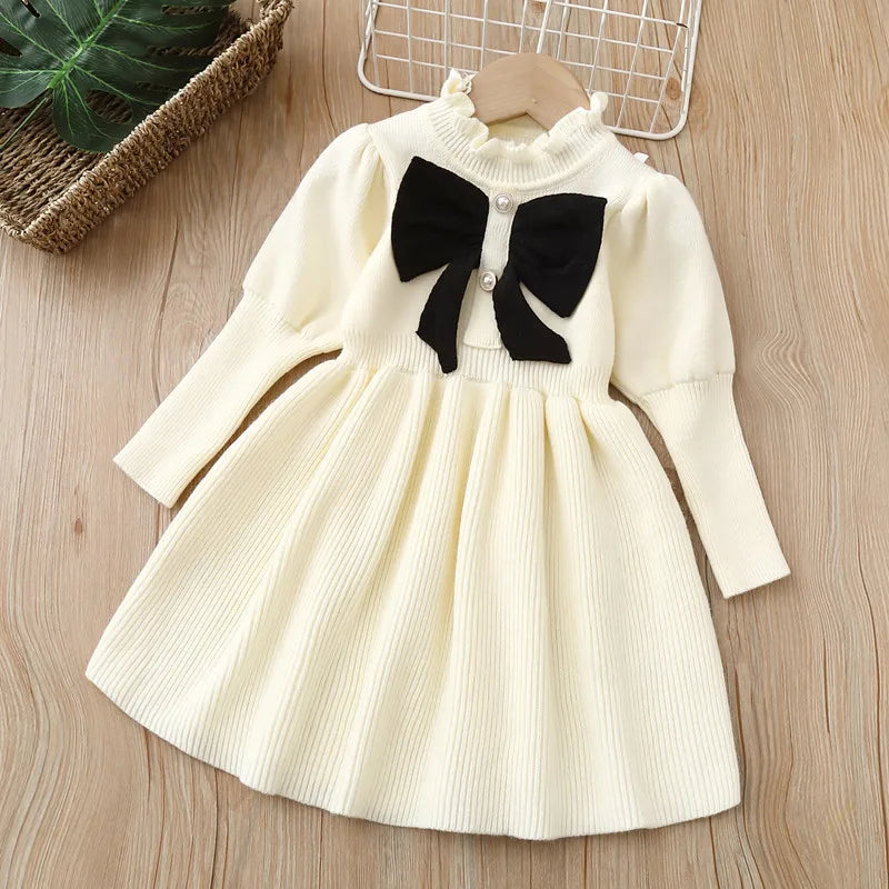 Girls' Woolen Bow Knit Jumpsuit Dress