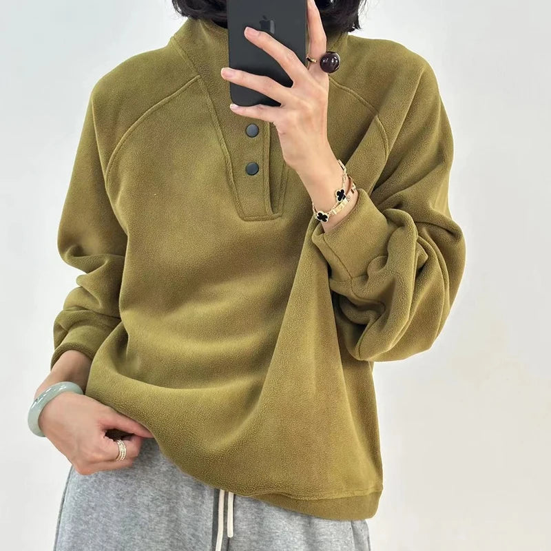 No Hat Hoodies Women Autumn College Basic Solid Casual All-match Stand Collar Button Trendy High Street Korean Style Mujer Cozy
