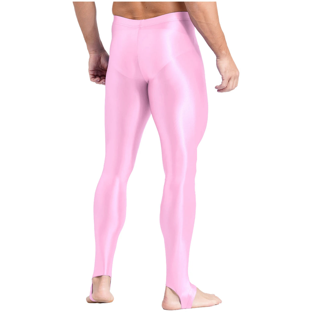 Mens Glossy Sports Pants Stirrup Leggings High Waist Elastic Waist Tights Gym Workout Pants Tummy Control Yoga Fitness Pants
