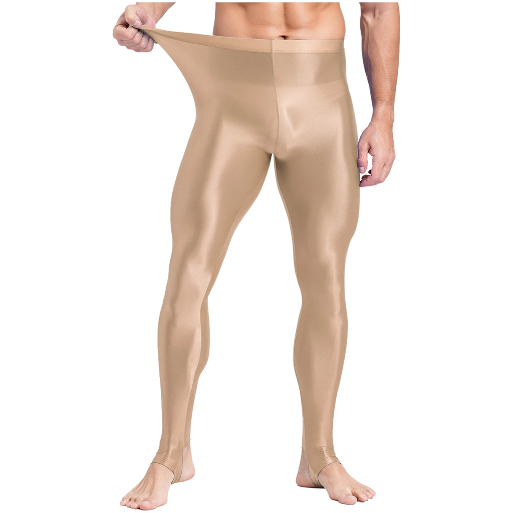 Mens Glossy Sports Pants Stirrup Leggings High Waist Elastic Waist Tights Gym Workout Pants Tummy Control Yoga Fitness Pants