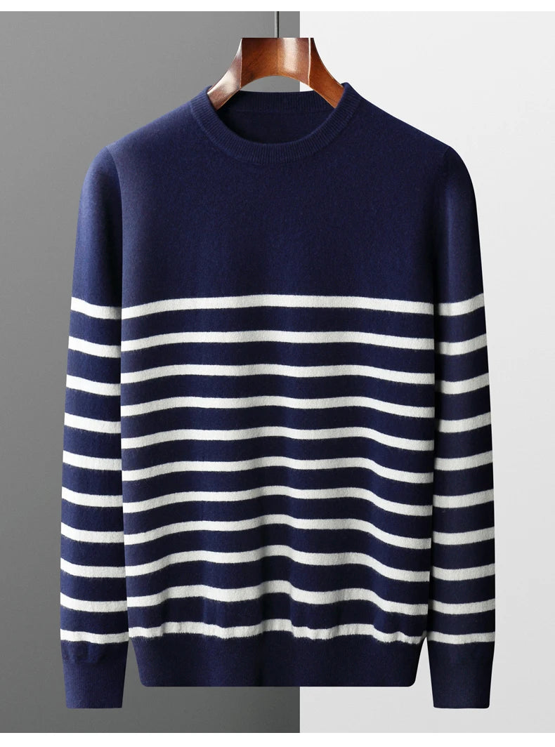 Men's New 100% Pure Wool Sweater O-neck Navy Style Striped Top Spring and Autumn Loose Youth Business Casual Cashmere Sweater