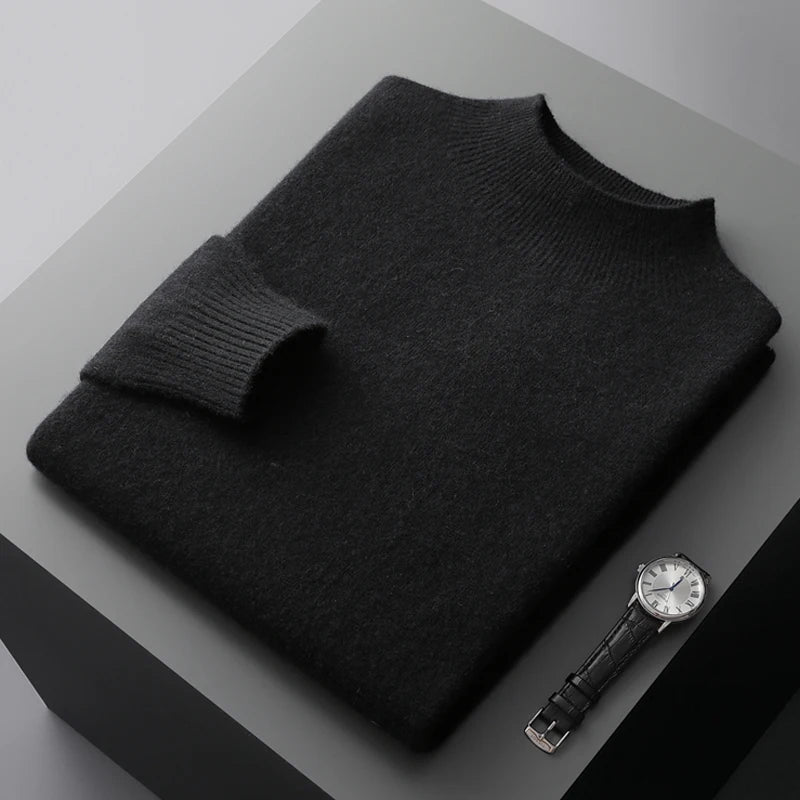 New Men's 100% Merino Wool Mock Neck Pullover Soft Warm Jumpers Quality Cashmere Sweater Casual Smart Knitwear Basic Tops Clothi