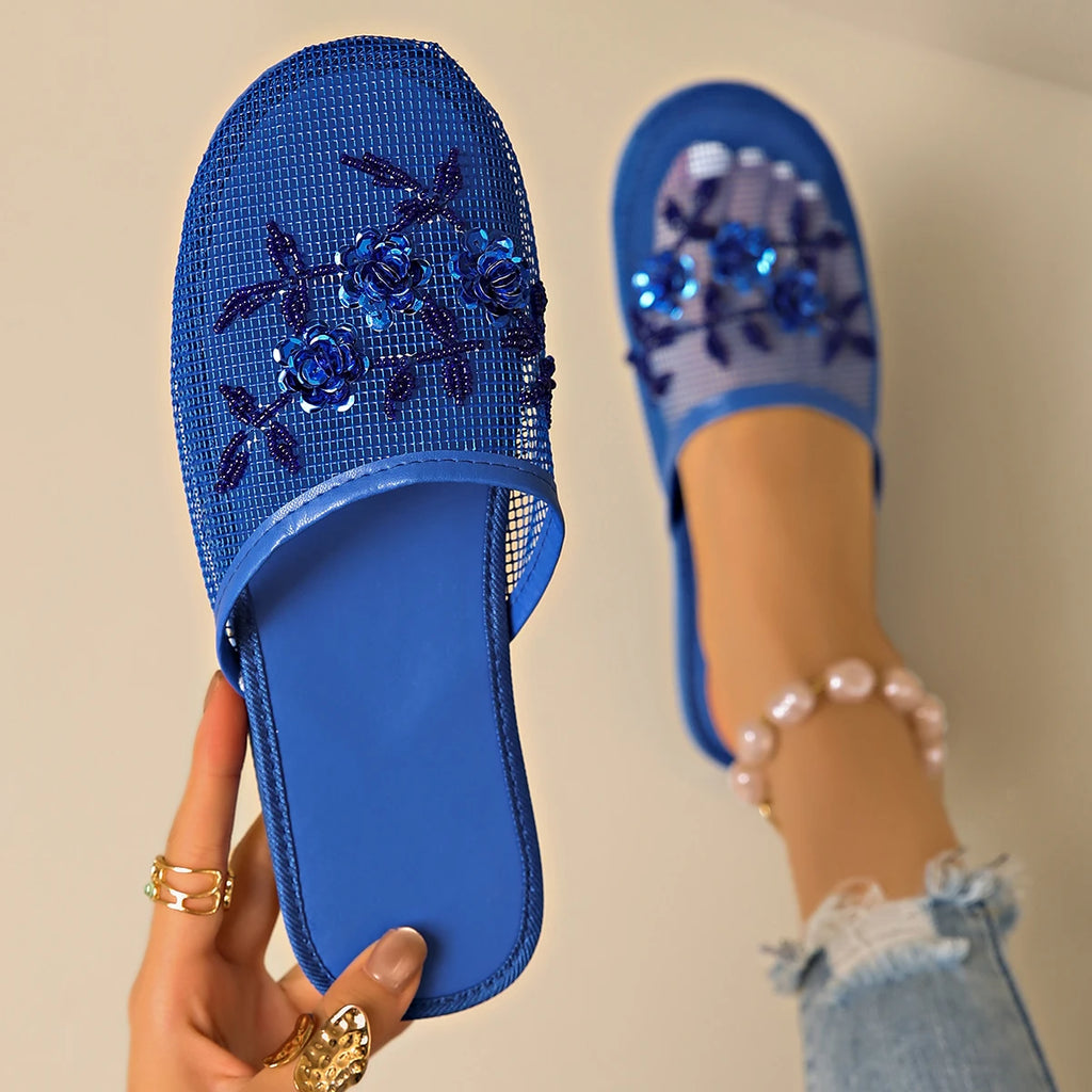 Shoes for Women 2025 Hot Sale Baotou Women's Slippers Fashion Crystal Floral Daily Slippers Women New Mesh Flat Slippers Zapatos