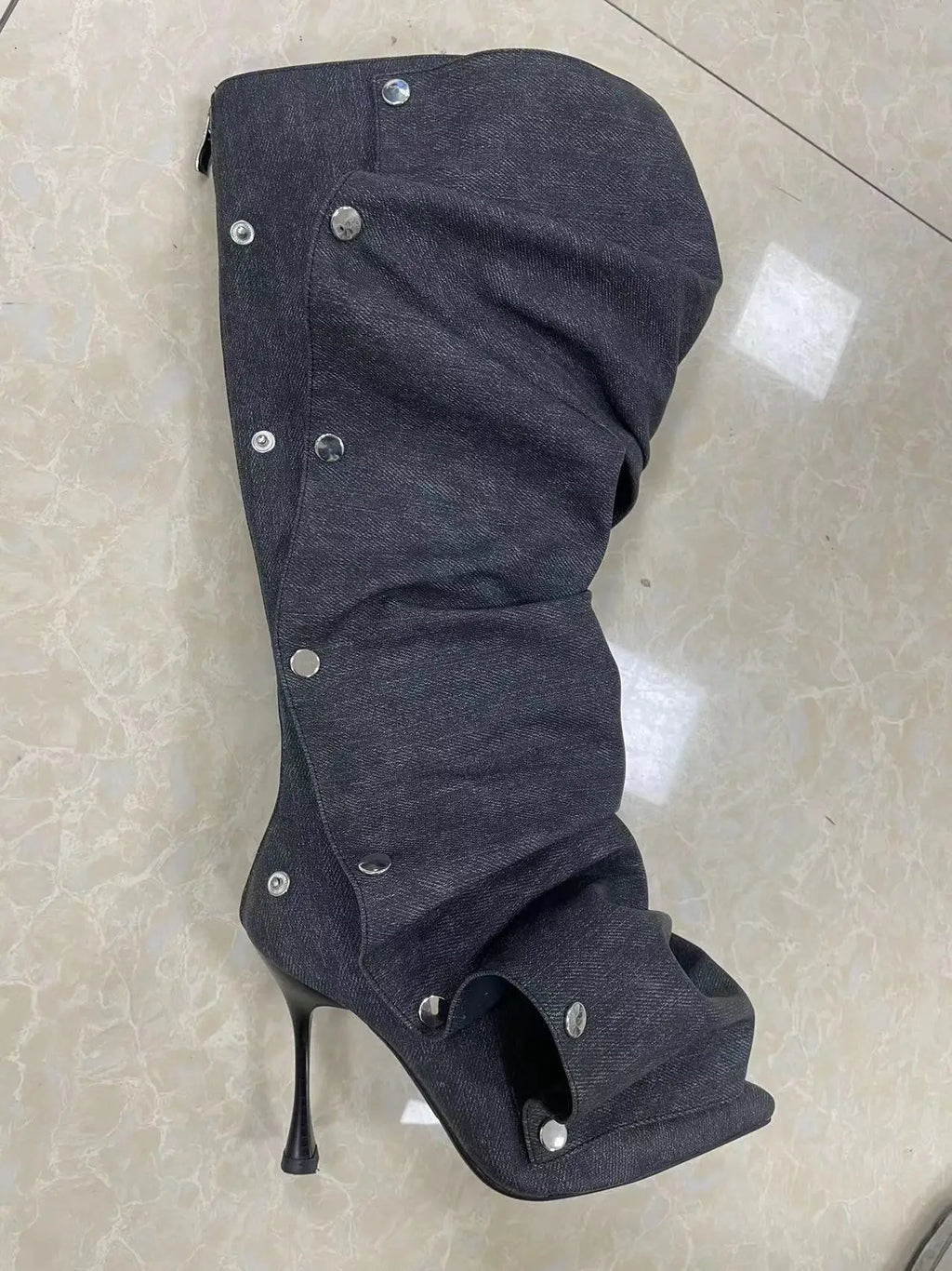 High Heel Long Boots for Women Botte Winter Boots Shoes Botas Mujer Thin Heeled Pointed Denim Metal Button Shoe Zapatos De Mujer