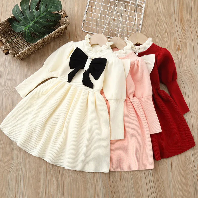 Girls' Woolen Bow Knit Jumpsuit Dress