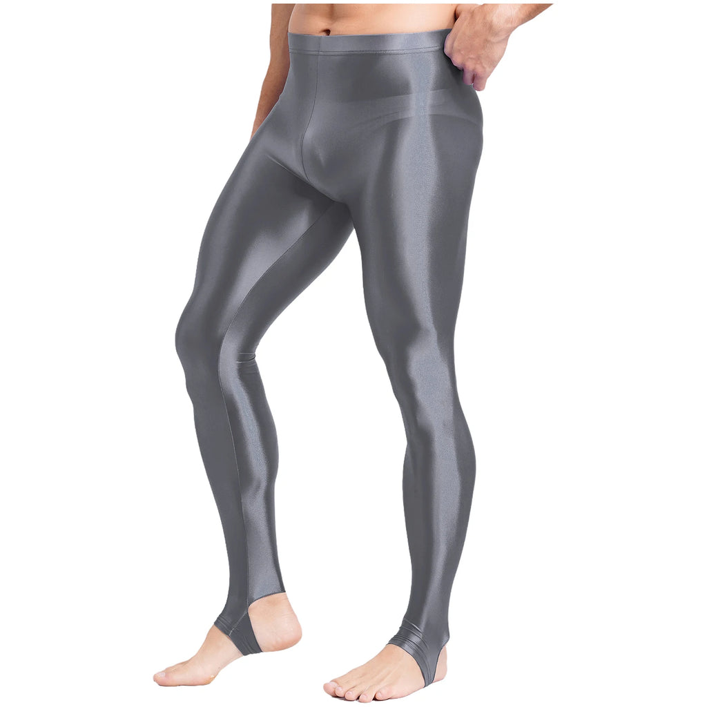 Mens Glossy Sports Pants Stirrup Leggings High Waist Elastic Waist Tights Gym Workout Pants Tummy Control Yoga Fitness Pants