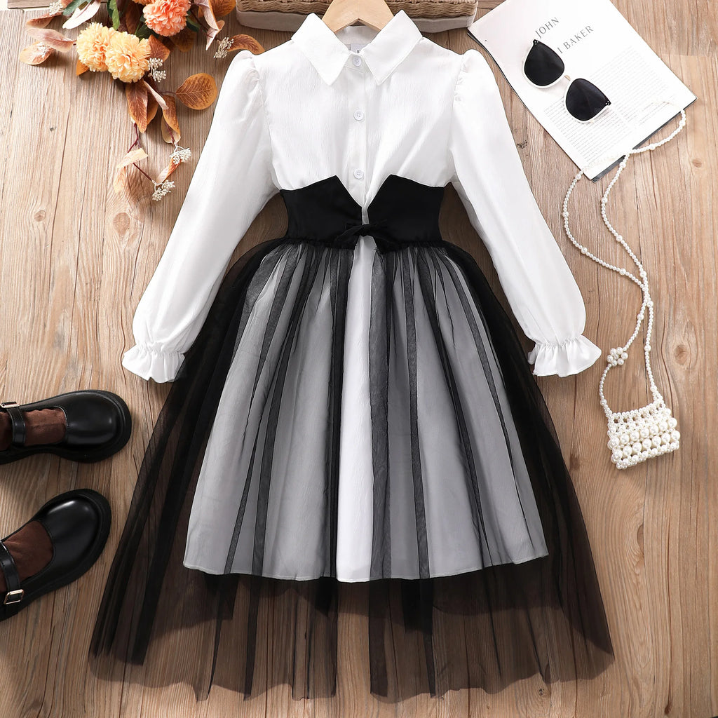 Girls' Lapel Mesh Patchwork Dress