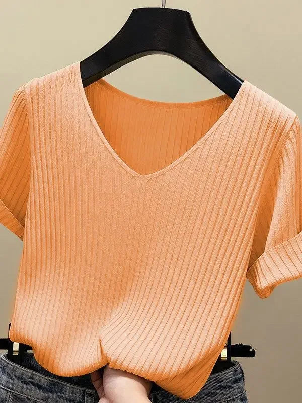 Women's Slim Knit V-Neck Short Sleeve Top