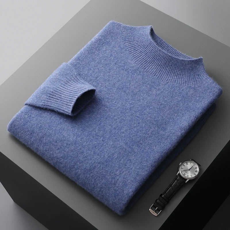 New Men's 100% Merino Wool Mock Neck Pullover Soft Warm Jumpers Quality Cashmere Sweater Casual Smart Knitwear Basic Tops Clothi