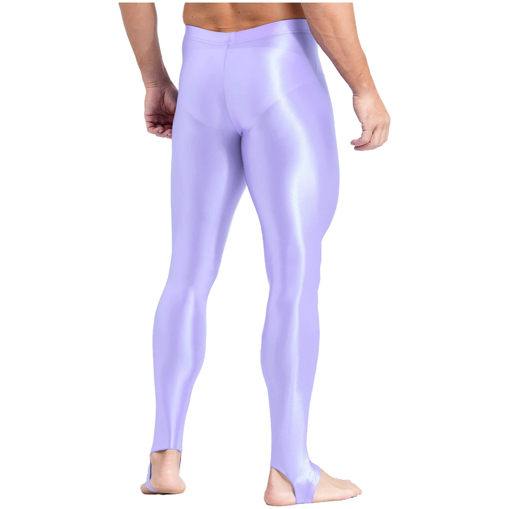 Mens Glossy Sports Pants Stirrup Leggings High Waist Elastic Waist Tights Gym Workout Pants Tummy Control Yoga Fitness Pants