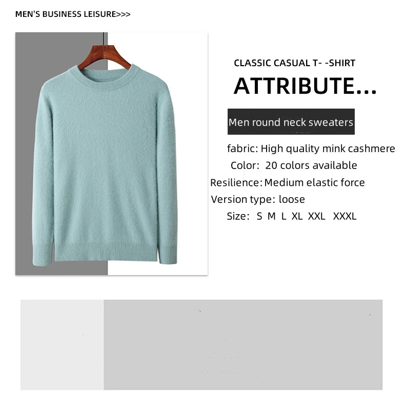 Men's Round Neck 100% Mink Cashmere Sweater Men 2024 Autumn and Winter Large Size Loose Knitted Sweater Keep Warm Top Men Jumper
