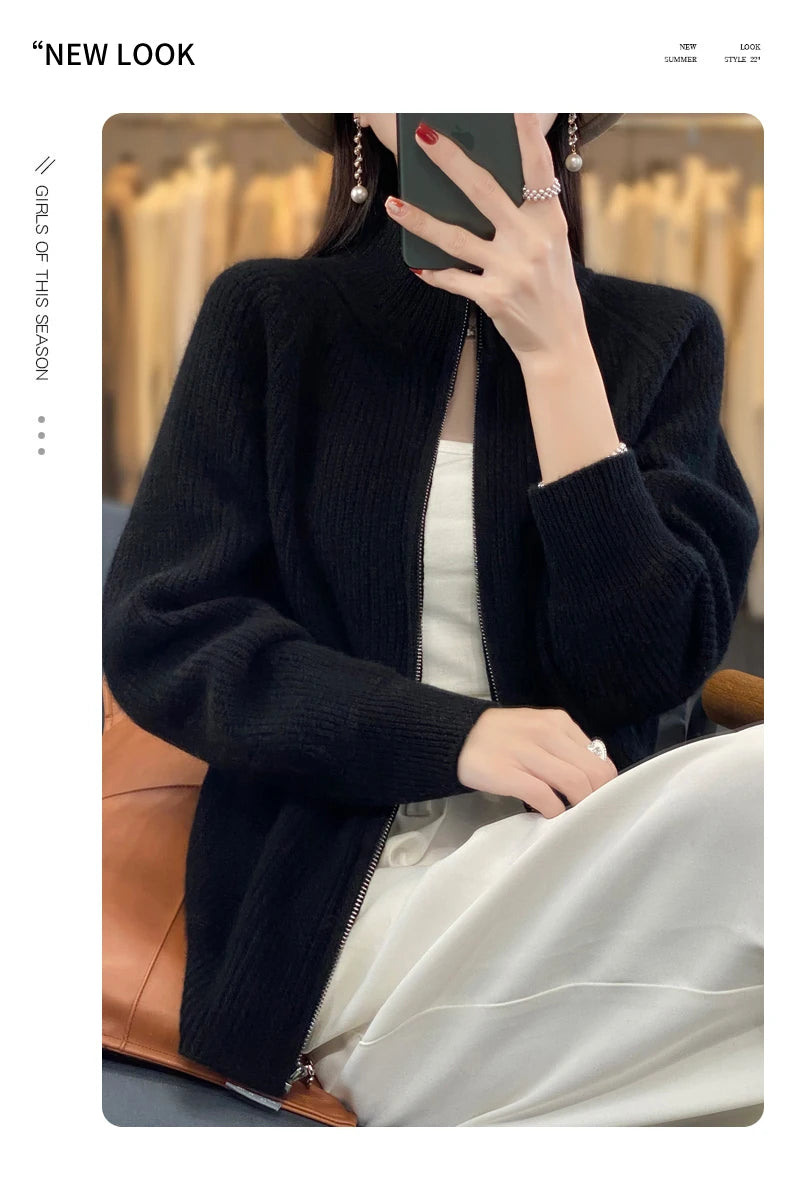 100% Pure Wool Zipper Cardigan Padded Shoulder Stand Collar Women's Cashmere Knitted Coat New Lapel Sweater