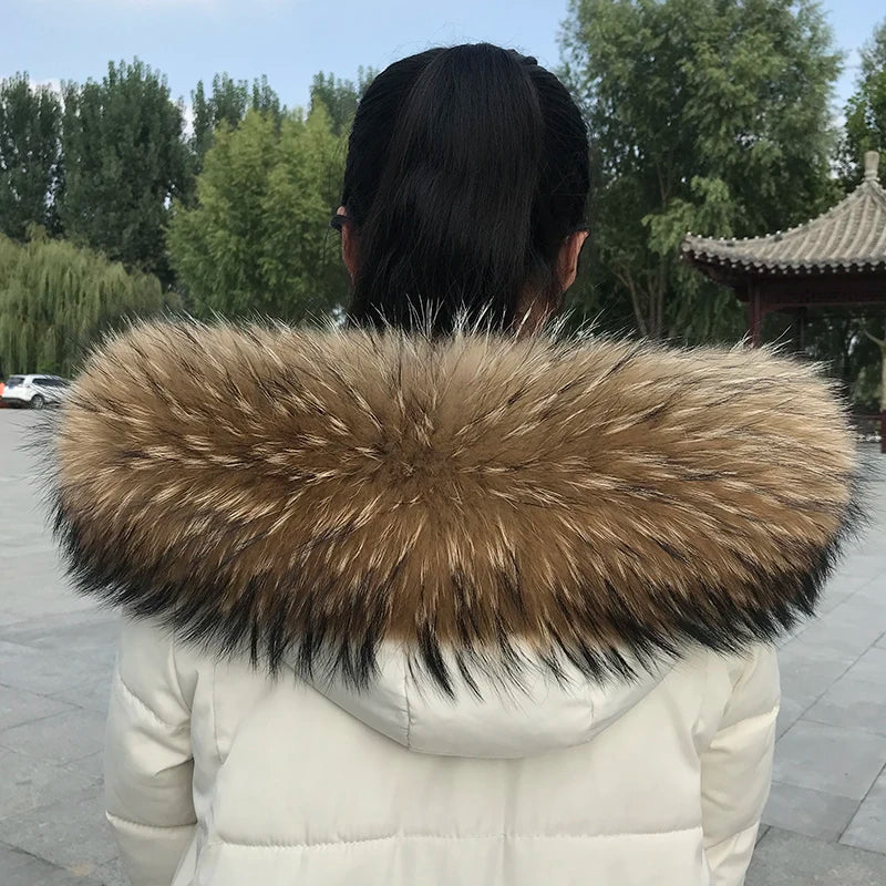 100% Real Fur Collar Luxury Warm Natural Raccoon Fur Scarf Women Genuine Fur Collar Scarves Large Fur Shawl Male Jacket Coat
