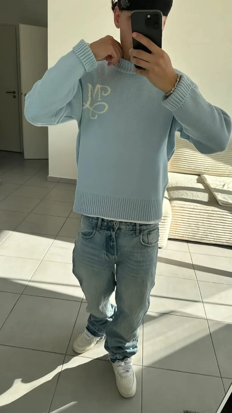 Y2K Retro Long Sleeve Sweater Signature M Logo Pattern Pullover Men New Fashion High Street Casual Streetwear Boxy Knitted Top