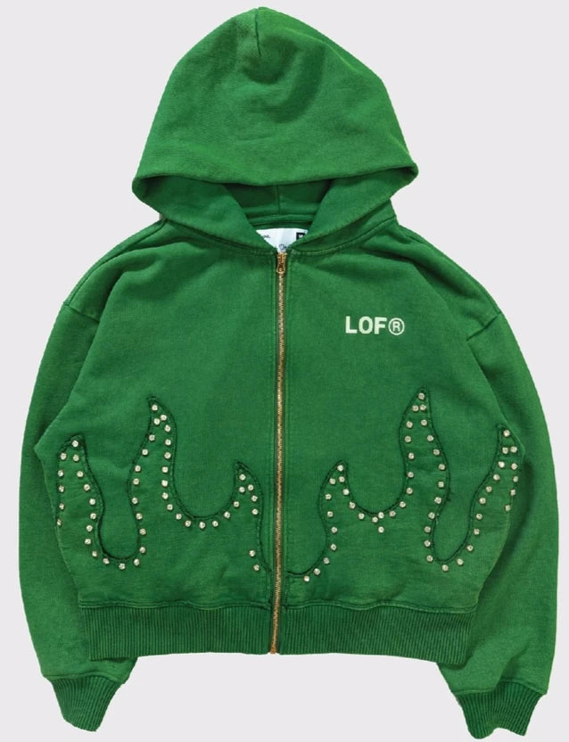 Y2K Men Hoodie Fashion Street Unique Diamond Personality Green Hoodie Goth Hip Hop Retro Harajuku Loose Zipper Hooded Sweatshirt