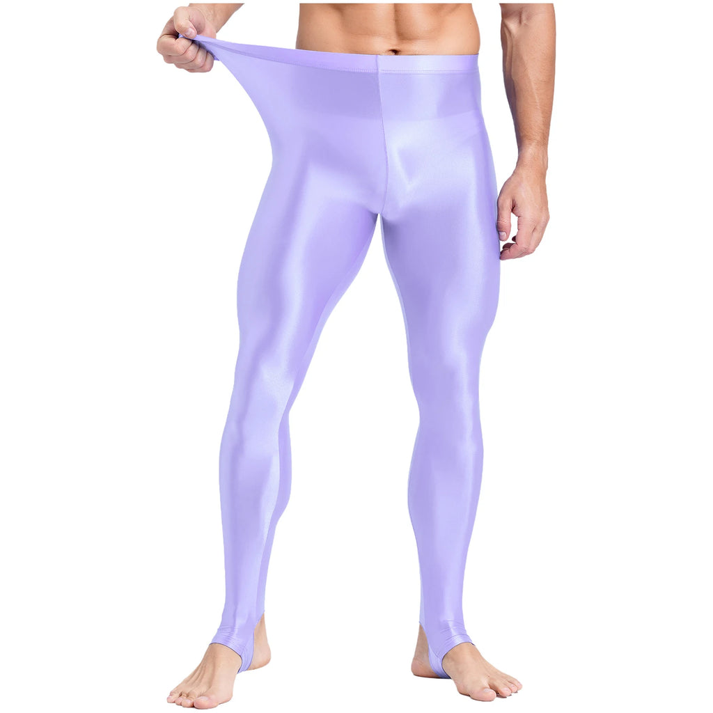Mens Glossy Sports Pants Stirrup Leggings High Waist Elastic Waist Tights Gym Workout Pants Tummy Control Yoga Fitness Pants