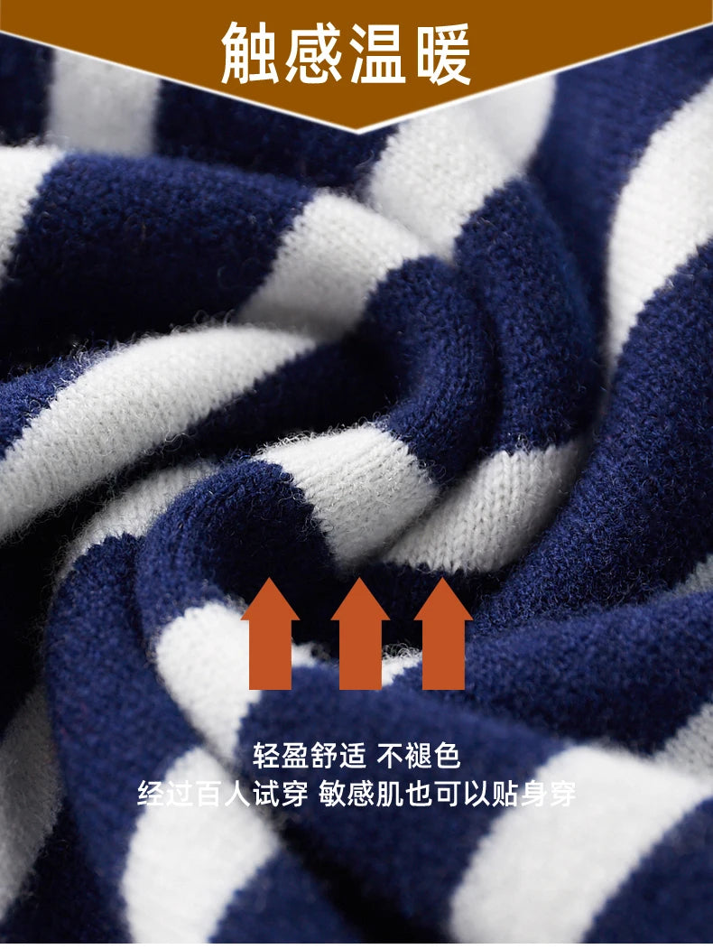 Men's New 100% Pure Wool Sweater O-neck Navy Style Striped Top Spring and Autumn Loose Youth Business Casual Cashmere Sweater