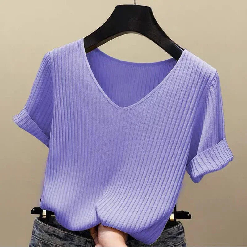 Women's Slim Knit V-Neck Short Sleeve Top