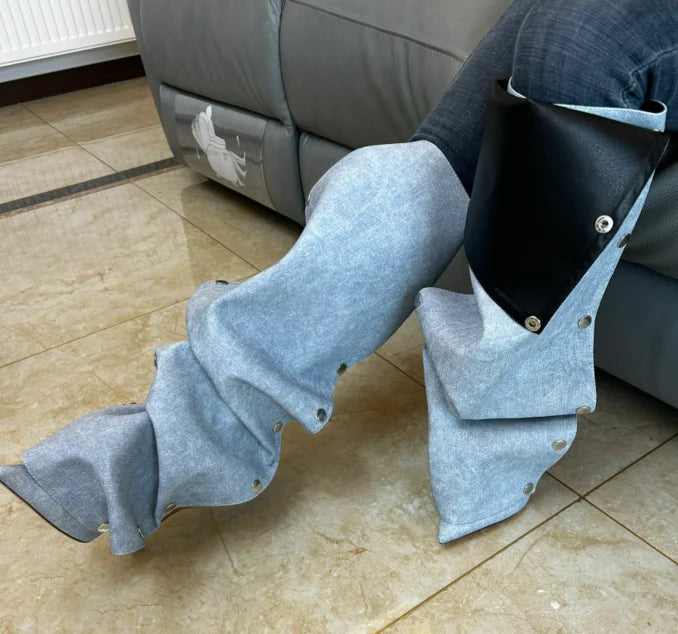 High Heel Long Boots for Women Botte Winter Boots Shoes Botas Mujer Thin Heeled Pointed Denim Metal Button Shoe Zapatos De Mujer