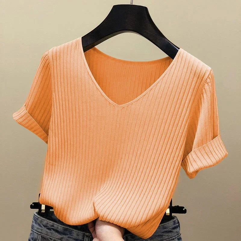 Women's Slim Knit V-Neck Short Sleeve Top