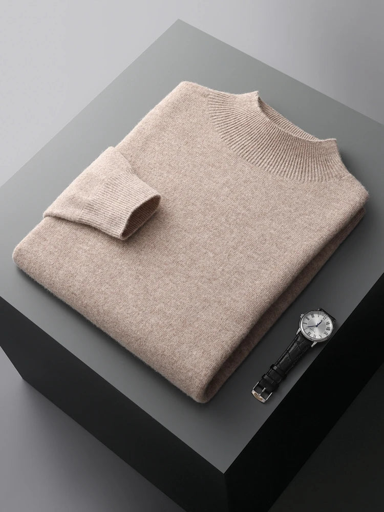 New Men's 100% Merino Wool Mock Neck Pullover Soft Warm Jumpers Quality Cashmere Sweater Casual Smart Knitwear Basic Tops Clothi