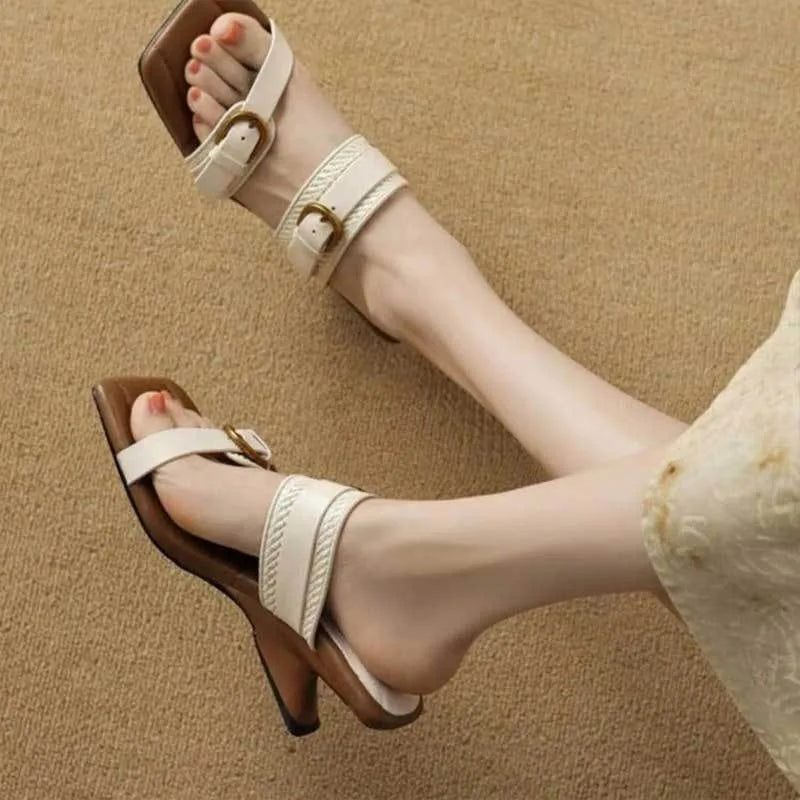 Vintage Braided Belt Buckle Open Toe Wedges Women's Summer New Square-toed High-heeled Slippers