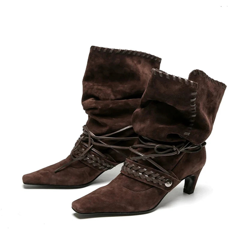 Liyke Autumn Winter Brown Suede Weave Lace-up Women Fold Pleated Ankle Boots Fashion Thin Low Heels Chelsea Western Ladies Shoes