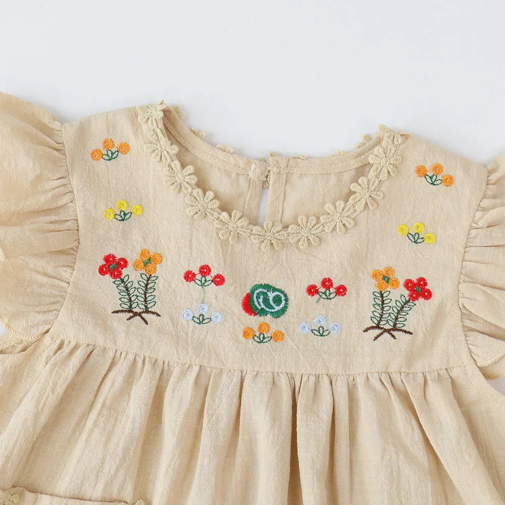 Girls' Khaki Embroidered Ruffle Pocket Dress