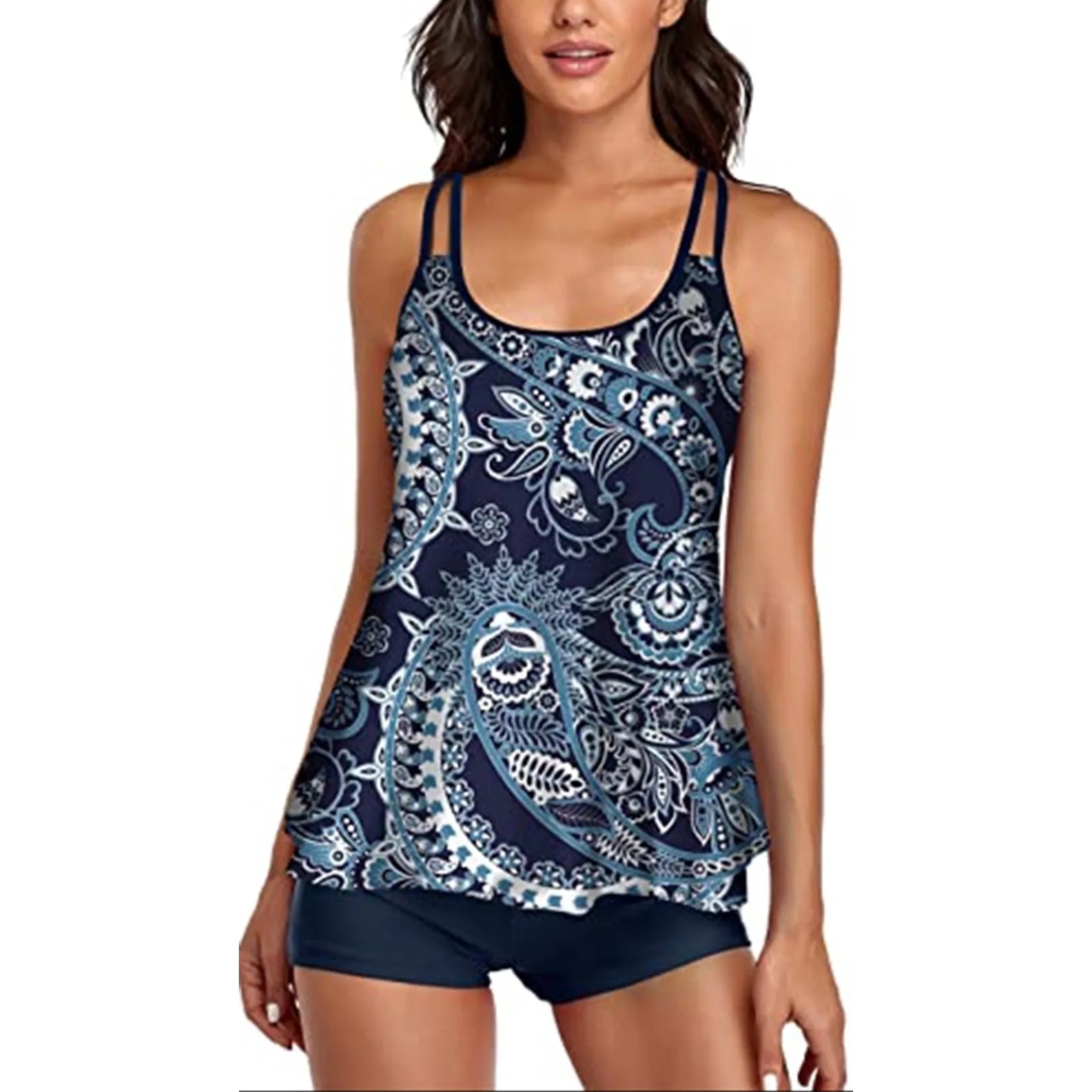 2024 New 2-Piece Swimsuit Women Casual Tropical Print Tankini Set Swimsuit Set Adjustable Suspenders With Elastic Shorts