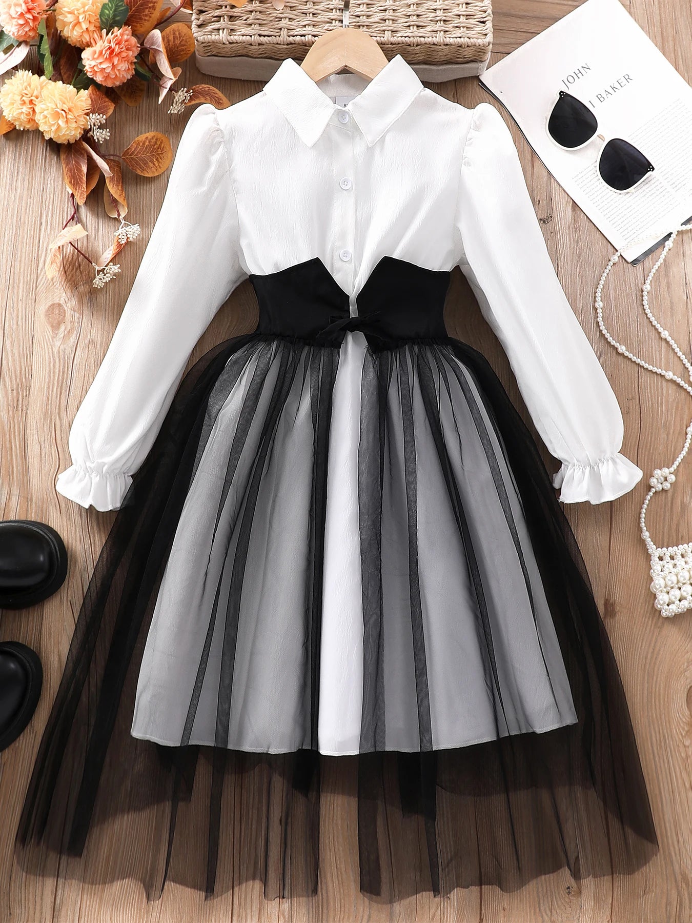 Girls' Lapel Mesh Patchwork Dress