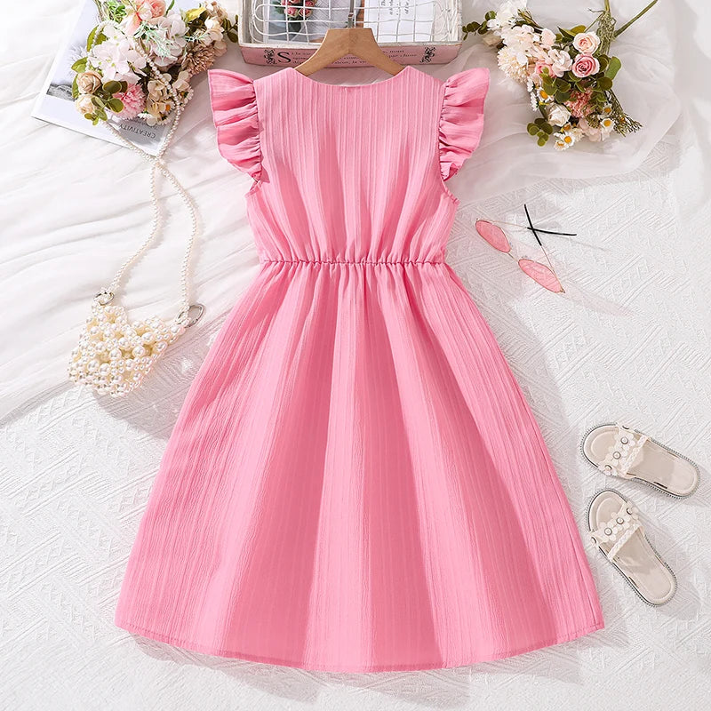 Girls' Pink Flying Sleeve V-Neck Dress (8-12Y)