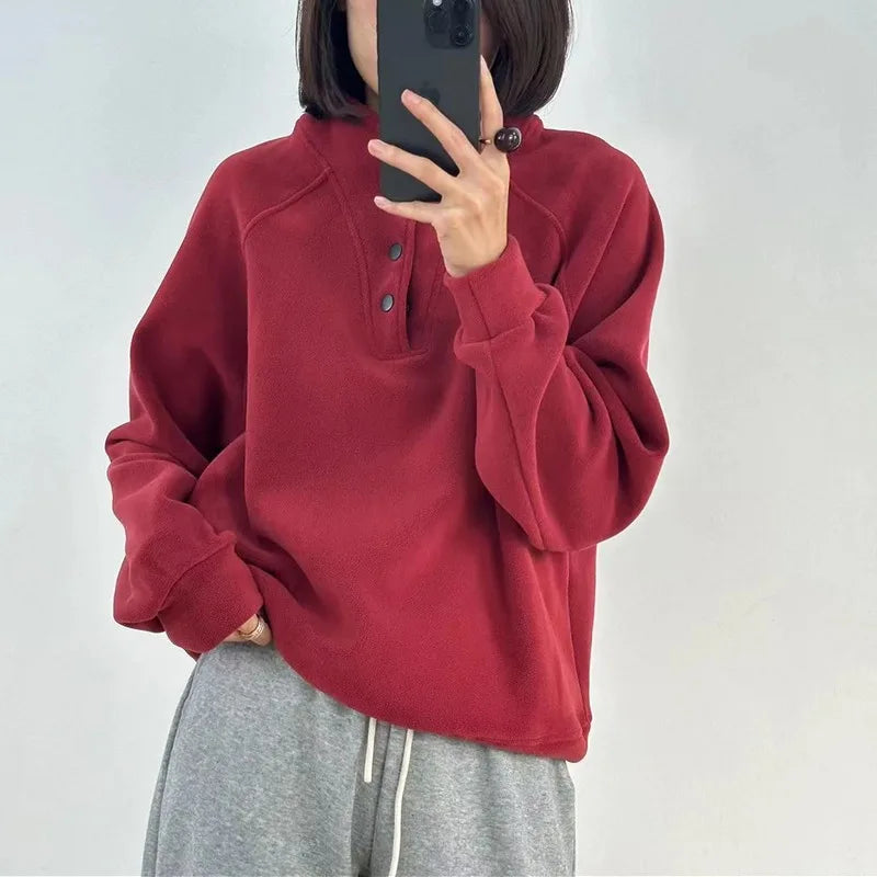No Hat Hoodies Women Autumn College Basic Solid Casual All-match Stand Collar Button Trendy High Street Korean Style Mujer Cozy