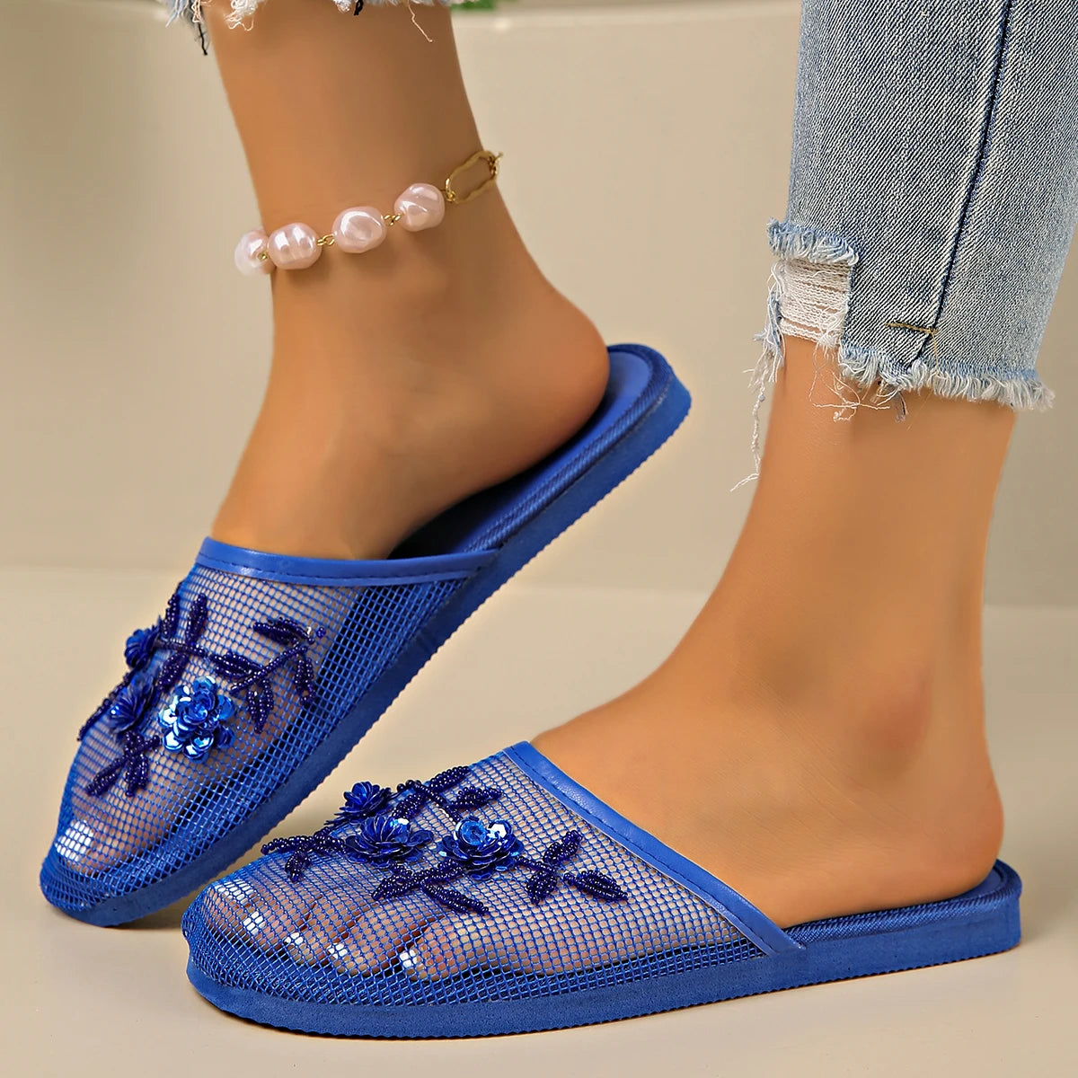 Shoes for Women 2025 Hot Sale Baotou Women's Slippers Fashion Crystal Floral Daily Slippers Women New Mesh Flat Slippers Zapatos