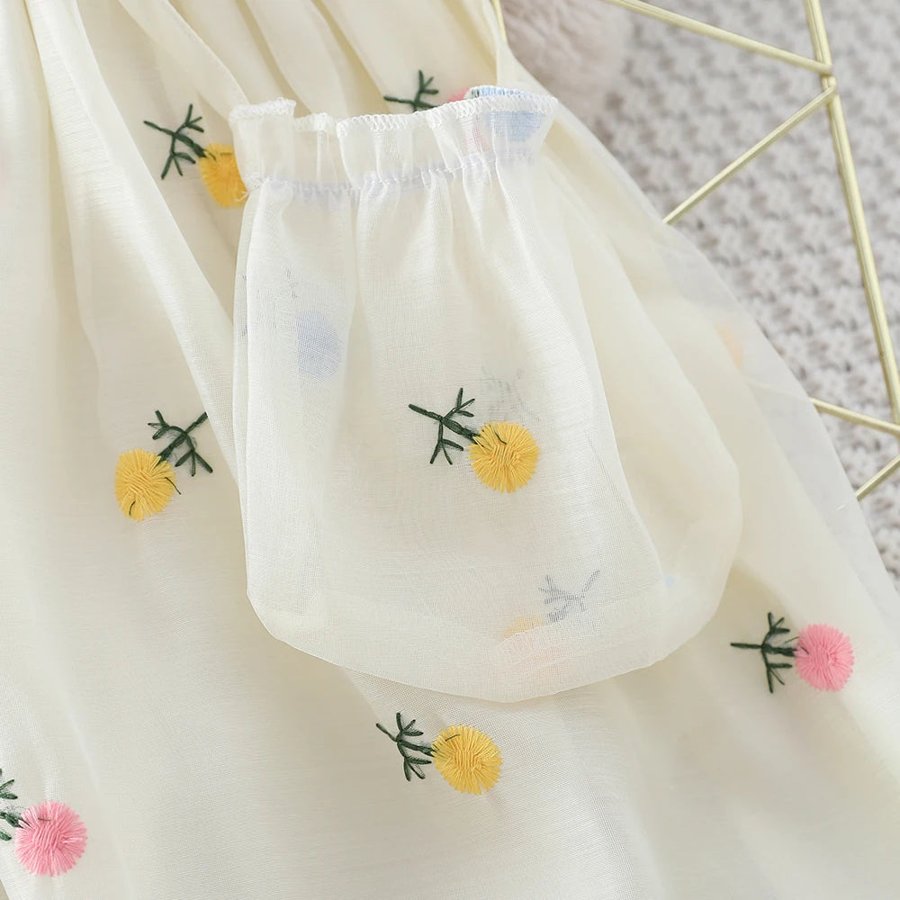 Girls' Flower Embroidery Dress with Bag