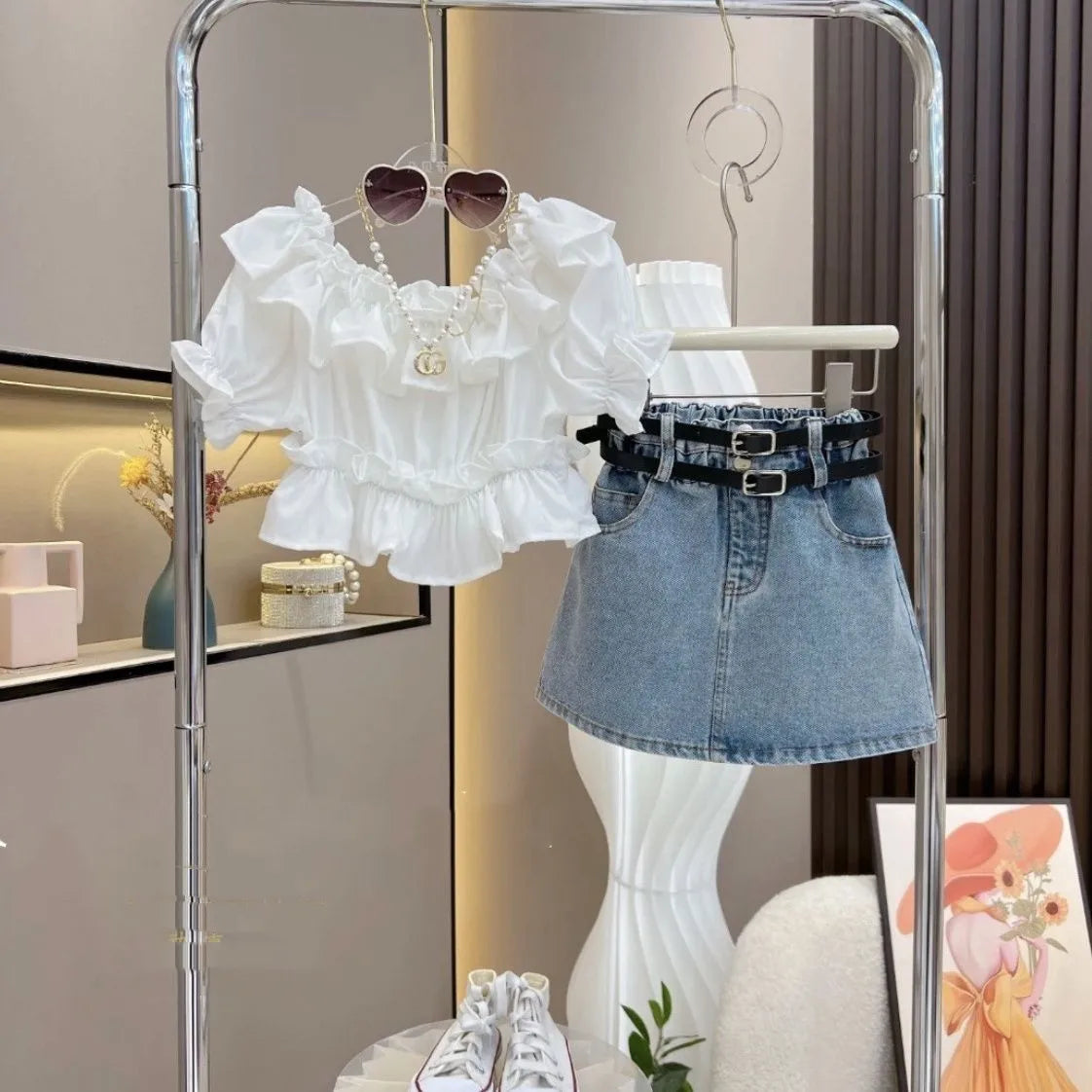 Girls' Ruffle Top & Denim Skirt Set with Belt