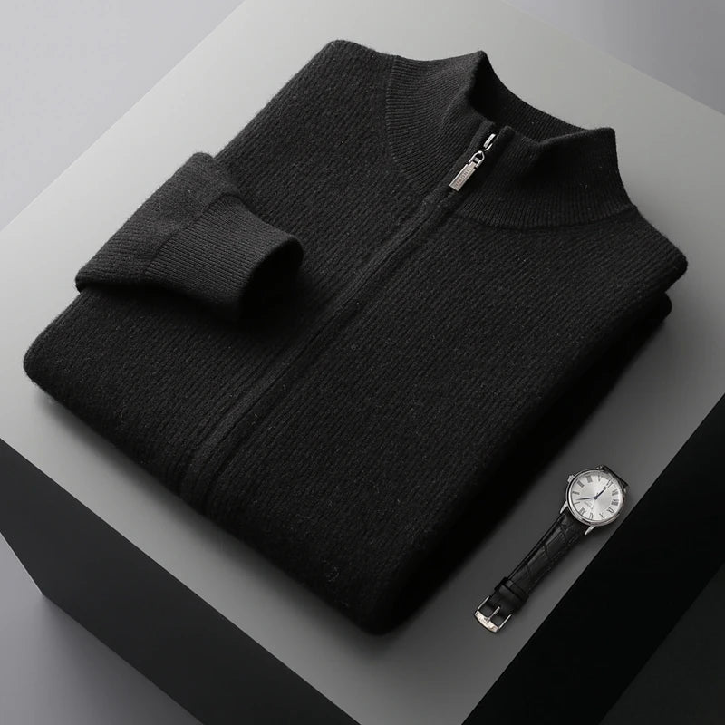 LHZSYY Men's Cashmere Knit Cardigan Middle-Aged Stand-up Collar Zip-up Coat 100%Pure Wool Autumn Winter Thick Sweater Men Jacket