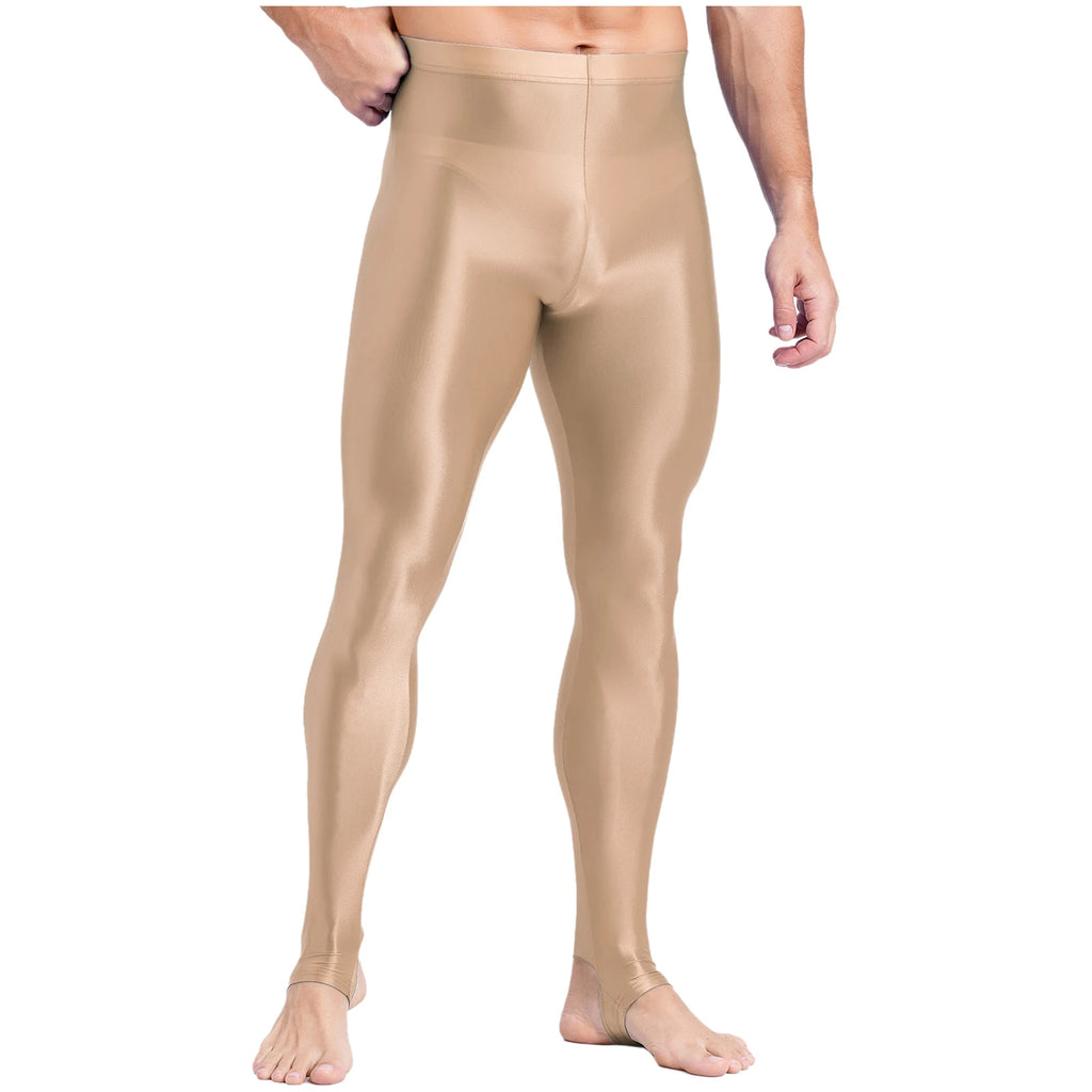 Mens Glossy Sports Pants Stirrup Leggings High Waist Elastic Waist Tights Gym Workout Pants Tummy Control Yoga Fitness Pants