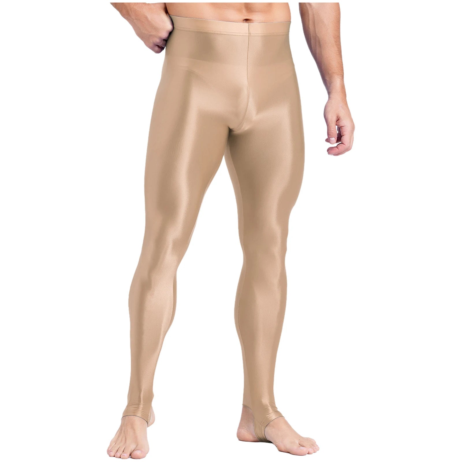 Mens Glossy Sports Pants Stirrup Leggings High Waist Elastic Waist Tights Gym Workout Pants Tummy Control Yoga Fitness Pants