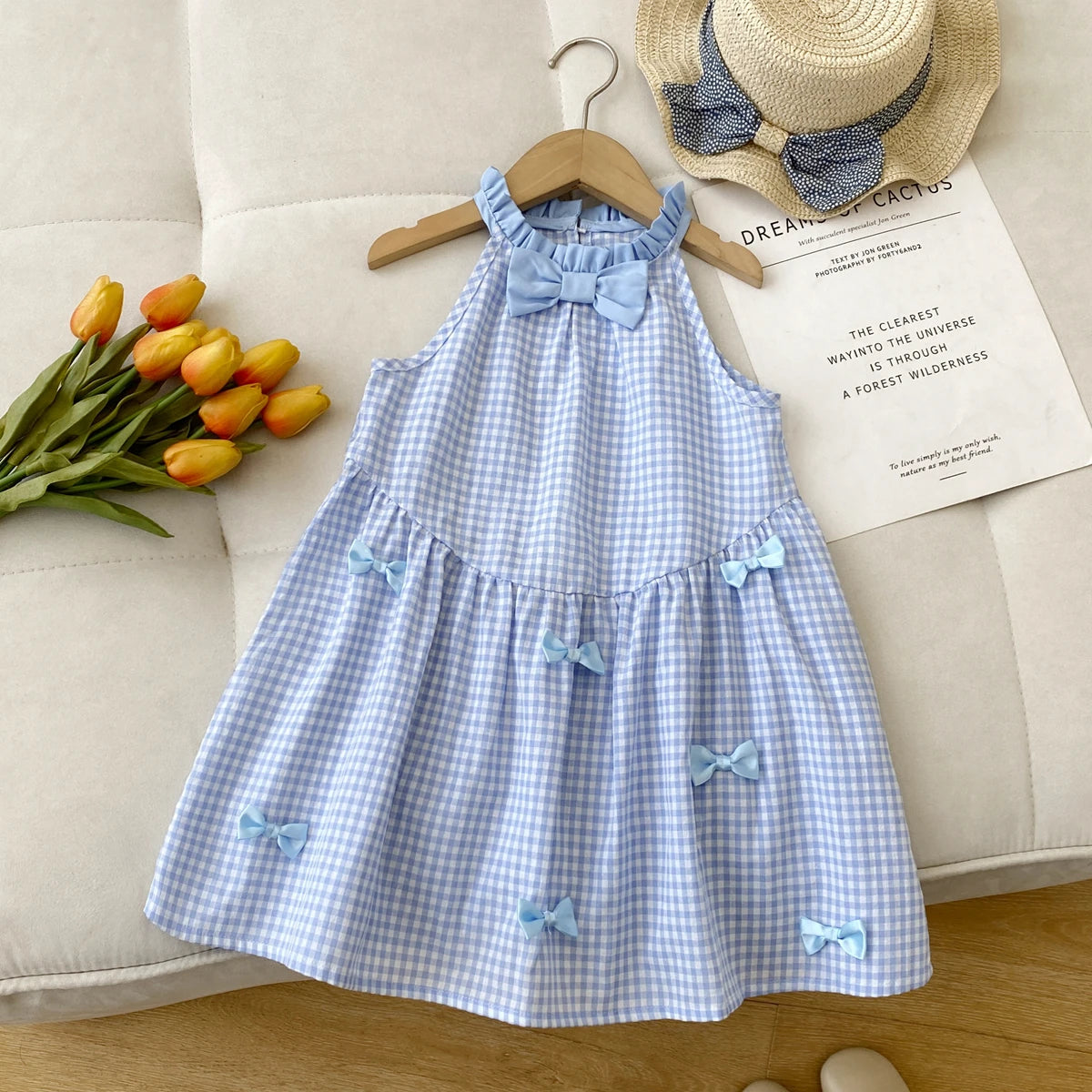 Girls' Checkered Bow Halter Neck Dress