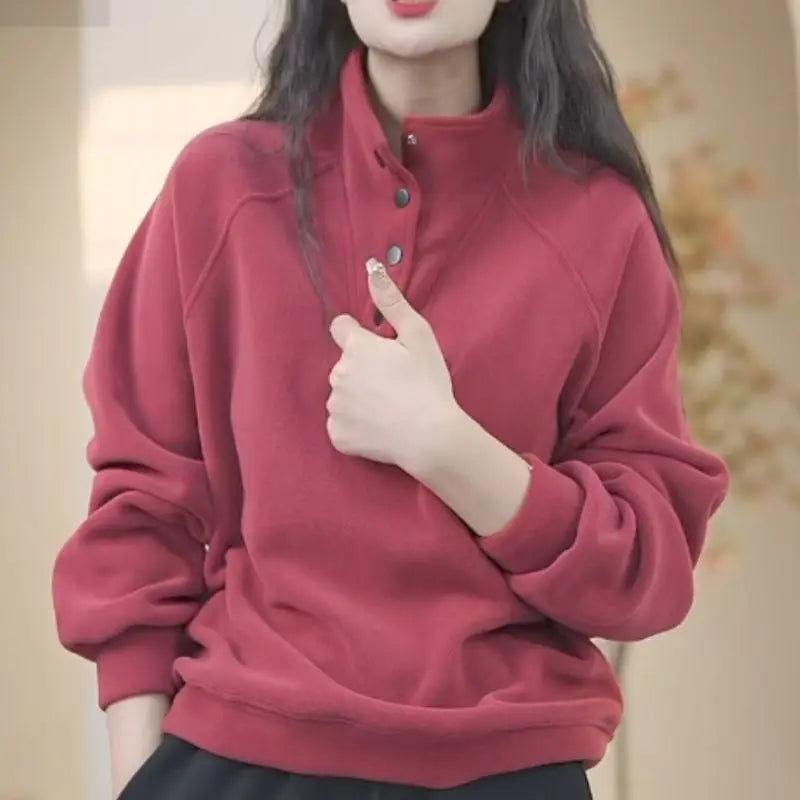 No Hat Hoodies Women Autumn College Basic Solid Casual All-match Stand Collar Button Trendy High Street Korean Style Mujer Cozy