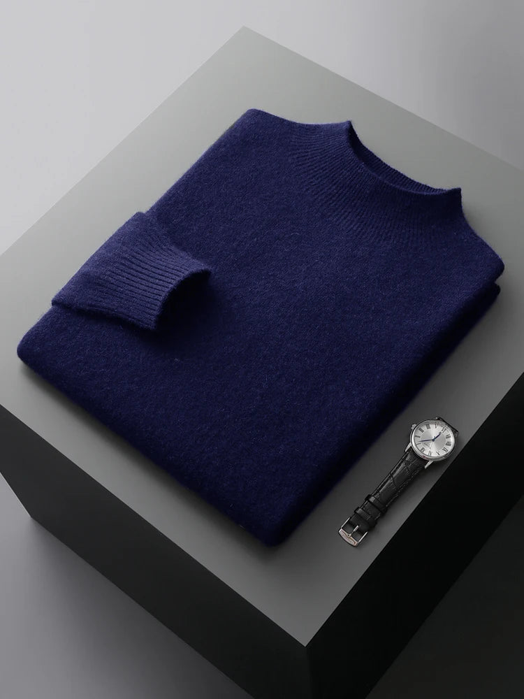 New Men's 100% Merino Wool Mock Neck Pullover Soft Warm Jumpers Quality Cashmere Sweater Casual Smart Knitwear Basic Tops Clothi
