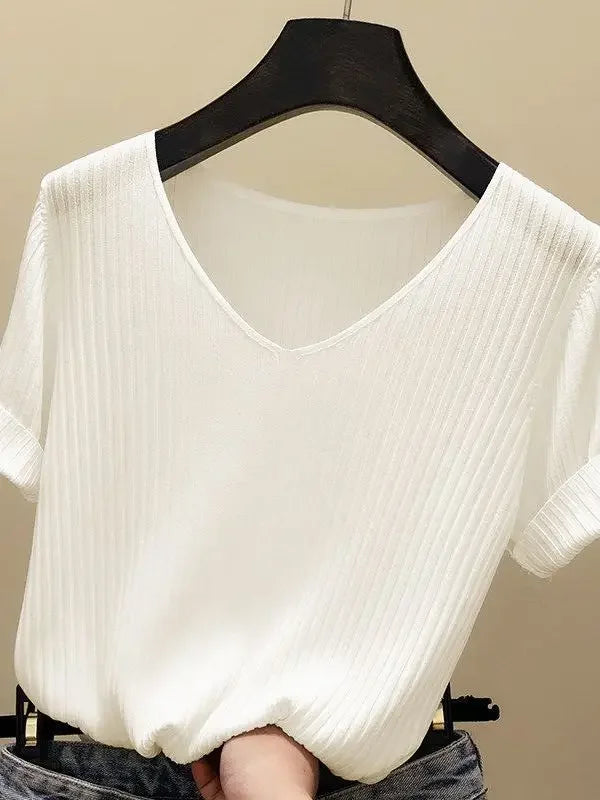 Women's Slim Knit V-Neck Short Sleeve Top
